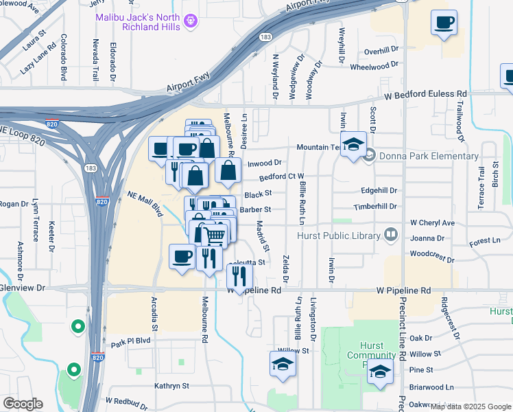 map of restaurants, bars, coffee shops, grocery stores, and more near 1005 Madrid Street in Hurst