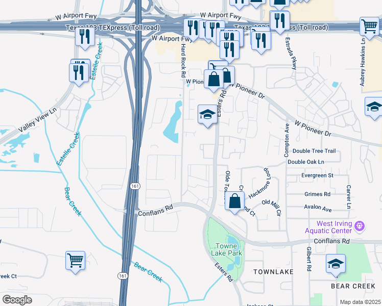 map of restaurants, bars, coffee shops, grocery stores, and more near 1400 Hard Rock Road in Irving