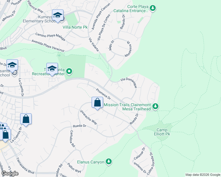 map of restaurants, bars, coffee shops, grocery stores, and more near 4755 Mayita Way in San Diego