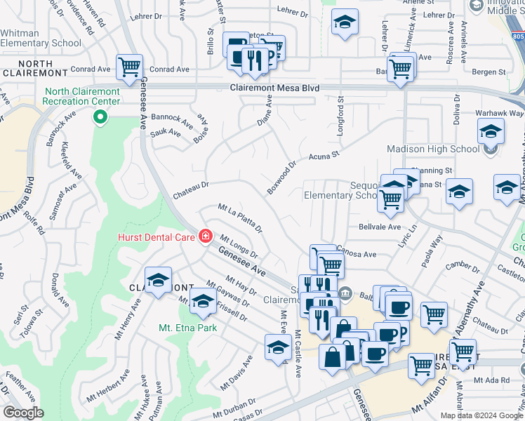 map of restaurants, bars, coffee shops, grocery stores, and more near 4821 Chateau Drive in San Diego