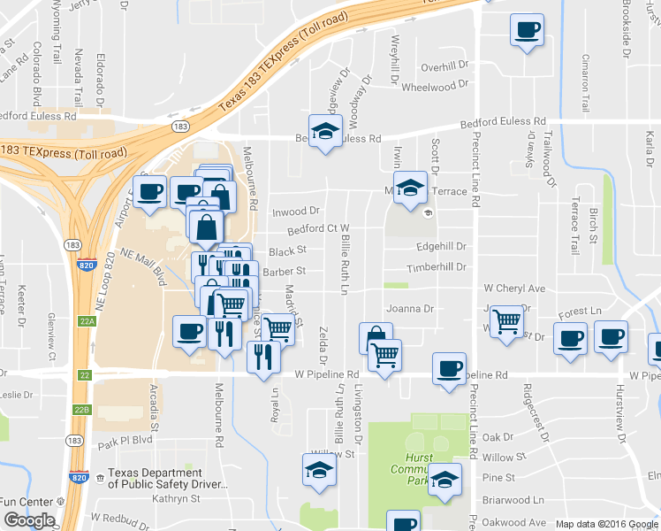 map of restaurants, bars, coffee shops, grocery stores, and more near 1009 Zelda Drive in Hurst