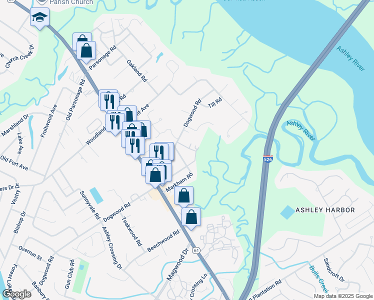 map of restaurants, bars, coffee shops, grocery stores, and more near 1751 Dogwood Road in Charleston