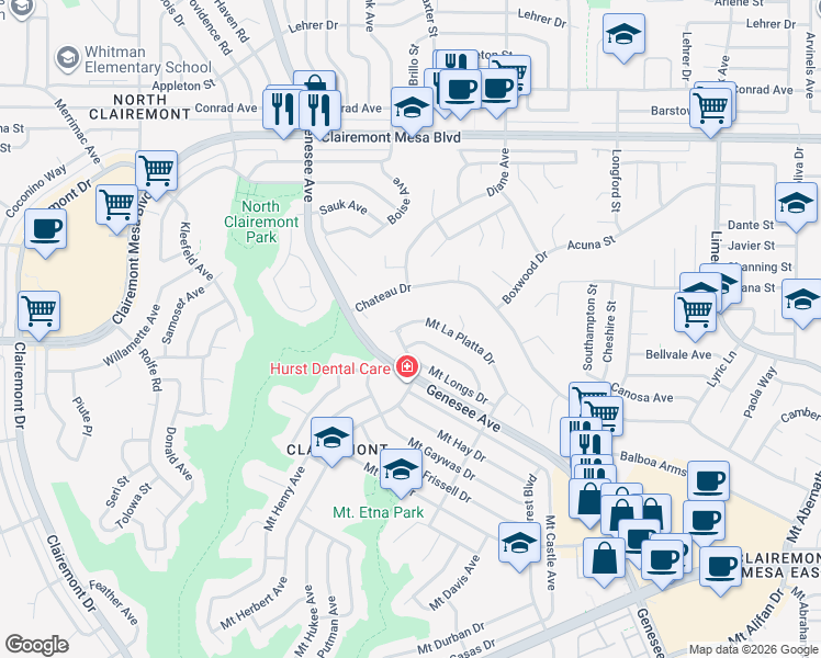 map of restaurants, bars, coffee shops, grocery stores, and more near 4723 Mount La Palma Drive in San Diego