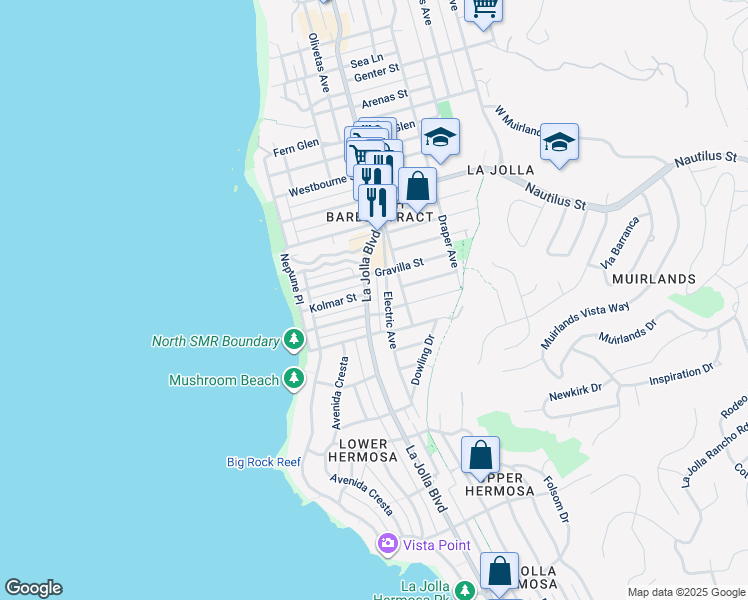map of restaurants, bars, coffee shops, grocery stores, and more near 6529 Electric Avenue in San Diego