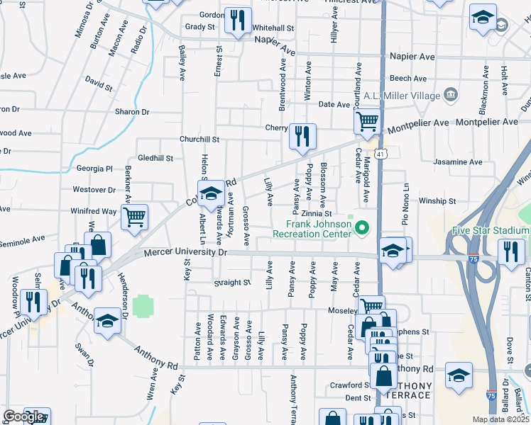 map of restaurants, bars, coffee shops, grocery stores, and more near 317 Lilly Avenue in Macon