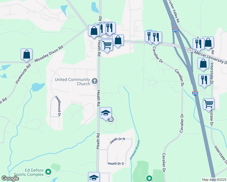 map of restaurants, bars, coffee shops, grocery stores, and more near 141 Simsbury Lane in Macon