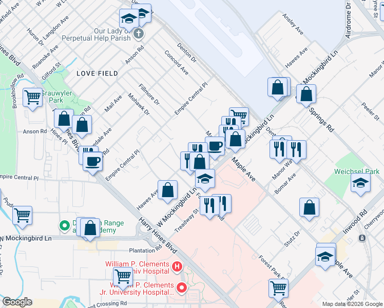 map of restaurants, bars, coffee shops, grocery stores, and more near 2345 West Mockingbird Lane in Dallas