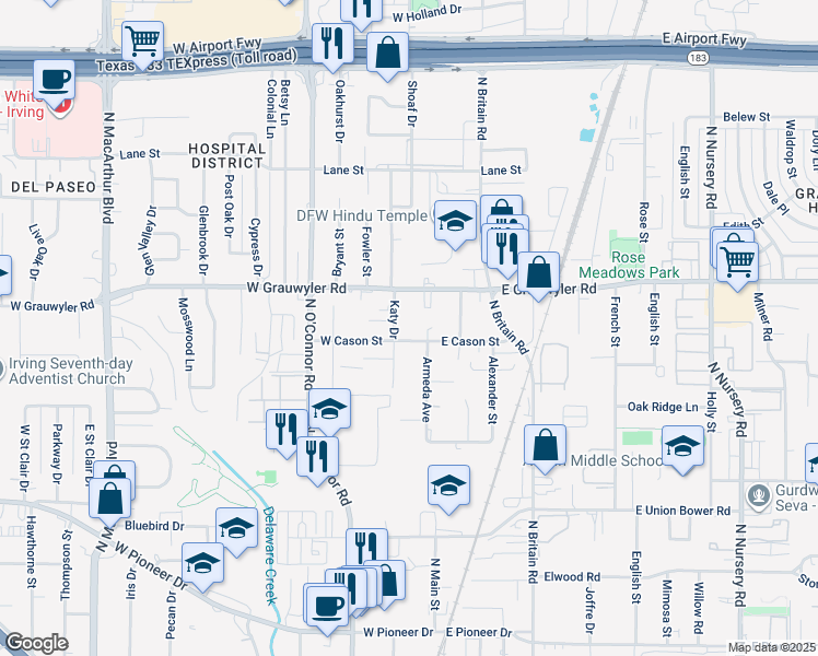 map of restaurants, bars, coffee shops, grocery stores, and more near 1221 Katy Drive in Irving