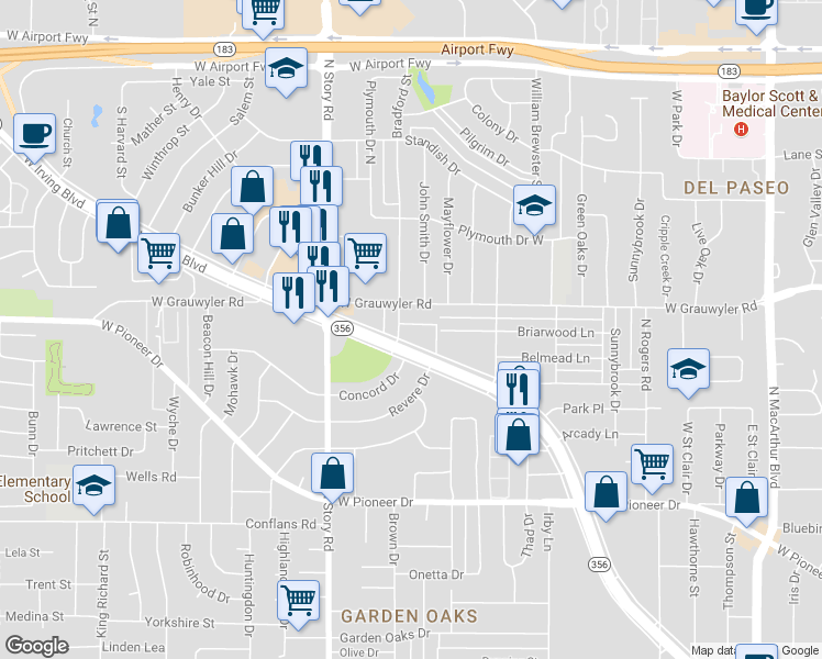 map of restaurants, bars, coffee shops, grocery stores, and more near in Irving