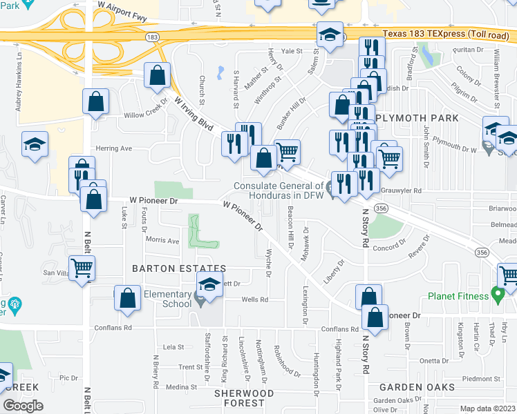 map of restaurants, bars, coffee shops, grocery stores, and more near 2809 West Pioneer Drive in Irving