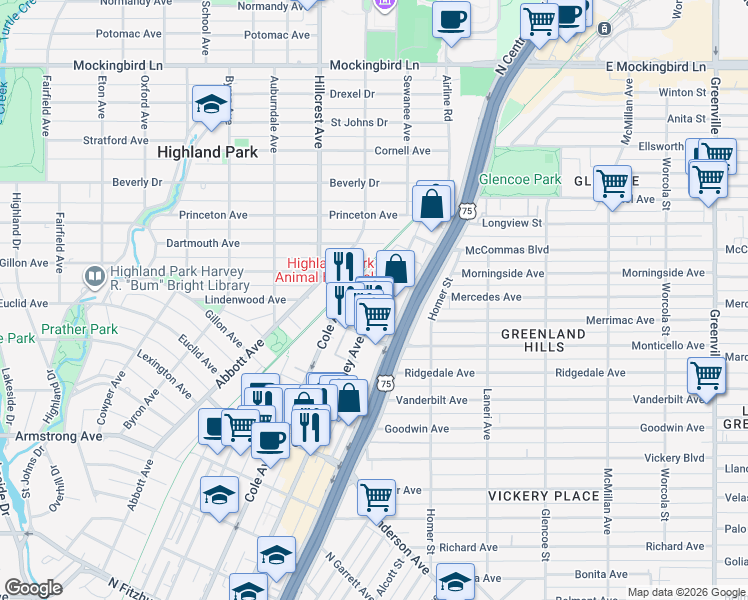 map of restaurants, bars, coffee shops, grocery stores, and more near 3140 Harvard Avenue in Dallas