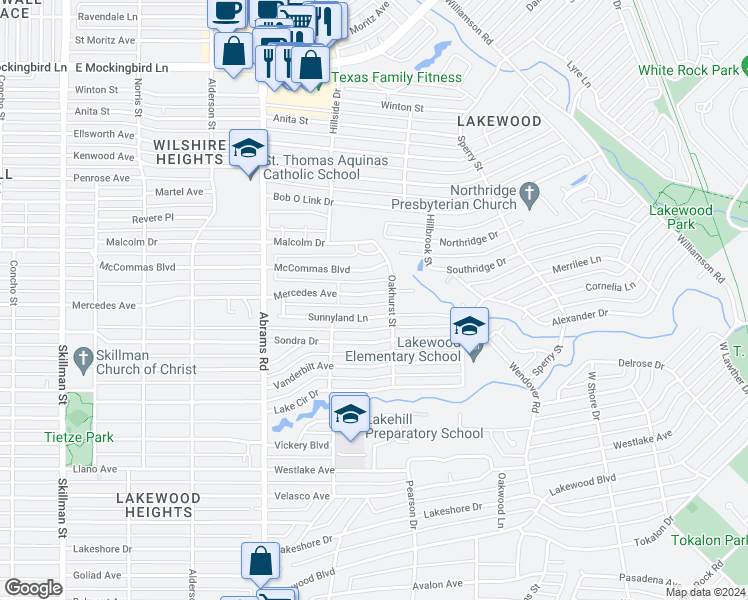 map of restaurants, bars, coffee shops, grocery stores, and more near 6534 Mercedes Avenue in Dallas