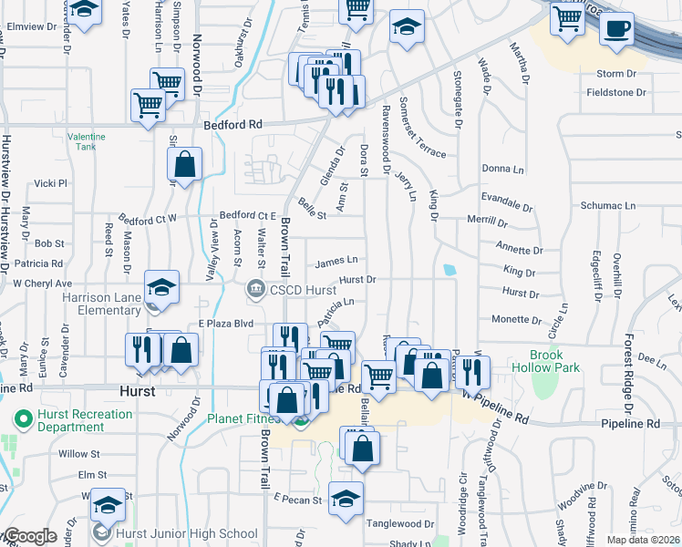 map of restaurants, bars, coffee shops, grocery stores, and more near 344 Hurst Drive in Bedford