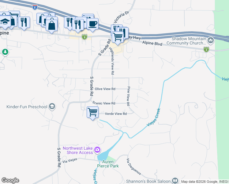 map of restaurants, bars, coffee shops, grocery stores, and more near 2909 Olive View Road in Alpine