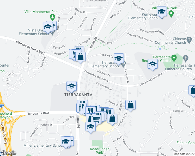map of restaurants, bars, coffee shops, grocery stores, and more near 10638 Esmeraldas Drive in San Diego
