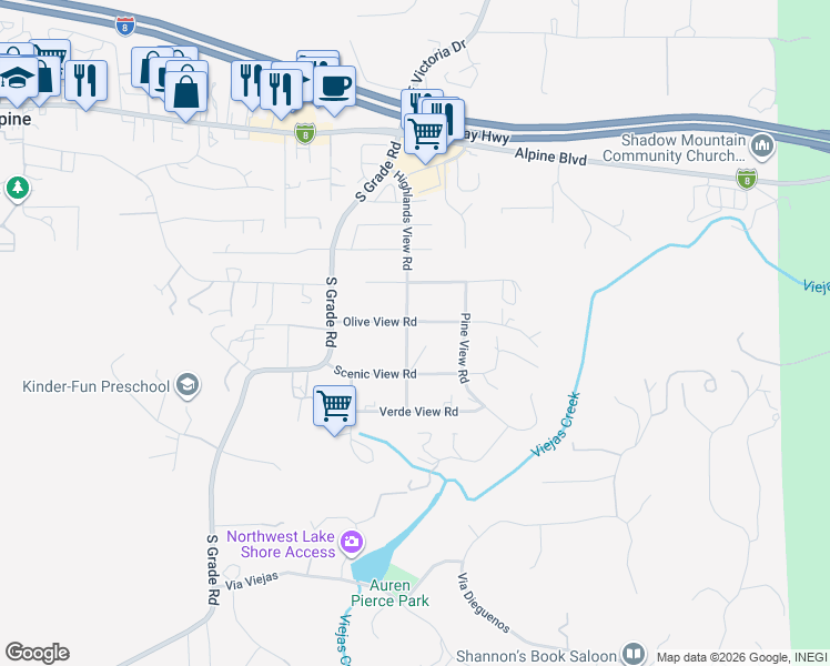 map of restaurants, bars, coffee shops, grocery stores, and more near 2909 Olive View Road in Alpine