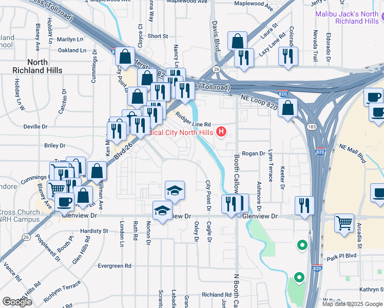 map of restaurants, bars, coffee shops, grocery stores, and more near 4199 Cagle Dr in North Richland Hills