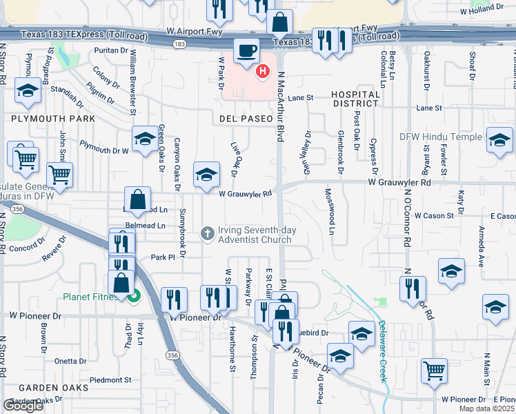 map of restaurants, bars, coffee shops, grocery stores, and more near 1105 Woodleigh Drive in Irving