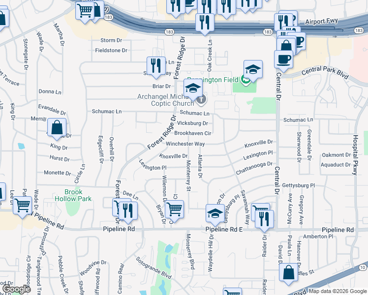 map of restaurants, bars, coffee shops, grocery stores, and more near 1644 Knoxville Drive in Bedford