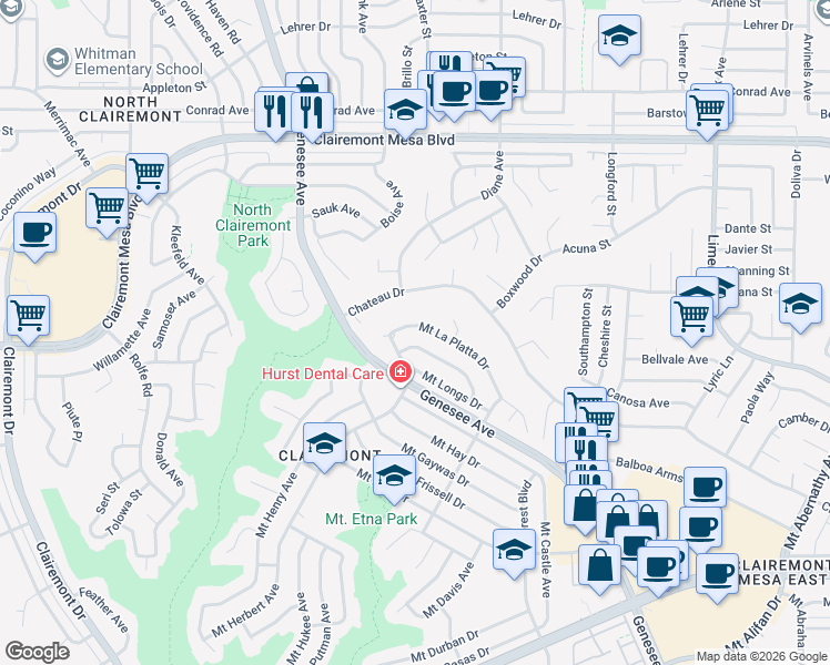 map of restaurants, bars, coffee shops, grocery stores, and more near 4723 Mount La Palma Drive in San Diego