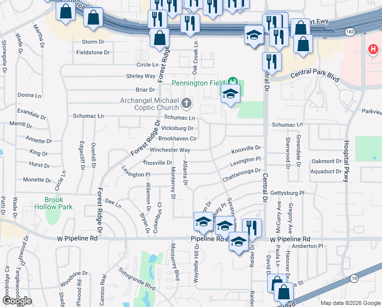 map of restaurants, bars, coffee shops, grocery stores, and more near 1104 Atlanta Drive in Bedford