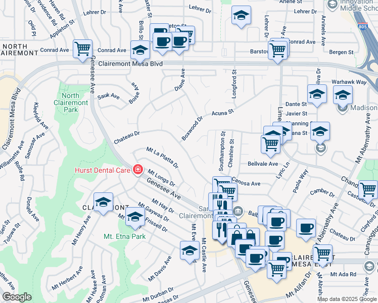 map of restaurants, bars, coffee shops, grocery stores, and more near 4910 Chateau Drive in San Diego