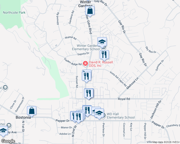 map of restaurants, bars, coffee shops, grocery stores, and more near 12004-6 Winter Gardens Boulevard in Lakeside