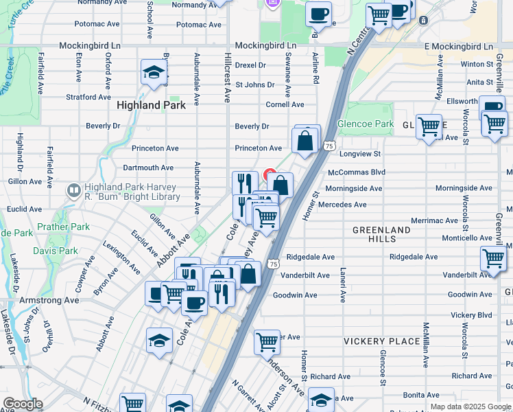 map of restaurants, bars, coffee shops, grocery stores, and more near 3140 Harvard Avenue in Dallas