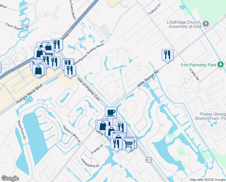 map of restaurants, bars, coffee shops, grocery stores, and more near 2043 Infantry Drive in Mount Pleasant