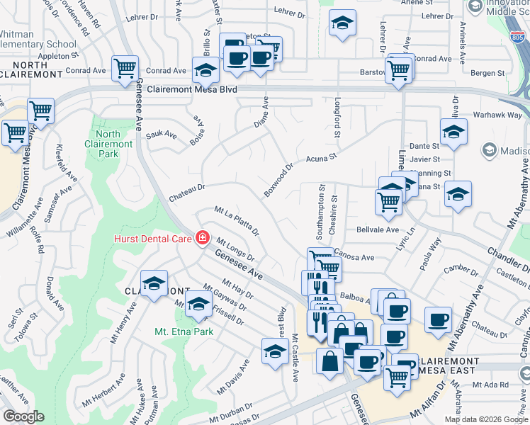 map of restaurants, bars, coffee shops, grocery stores, and more near 4833 Chateau Drive in San Diego