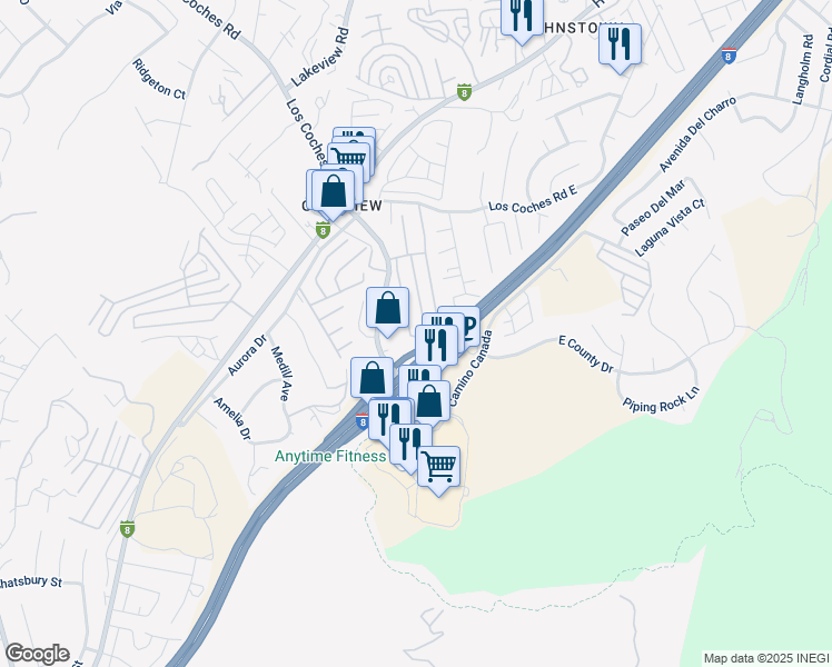 map of restaurants, bars, coffee shops, grocery stores, and more near 8409 Sleepy Way in El Cajon