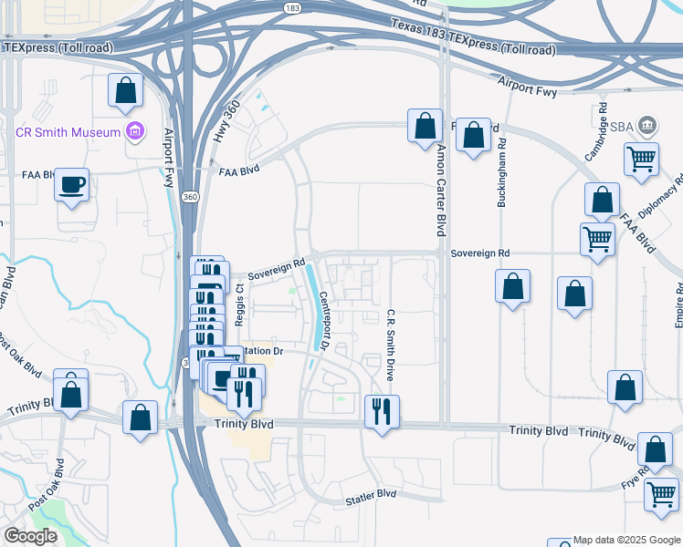 map of restaurants, bars, coffee shops, grocery stores, and more near 14500 Sovereign Road in Fort Worth