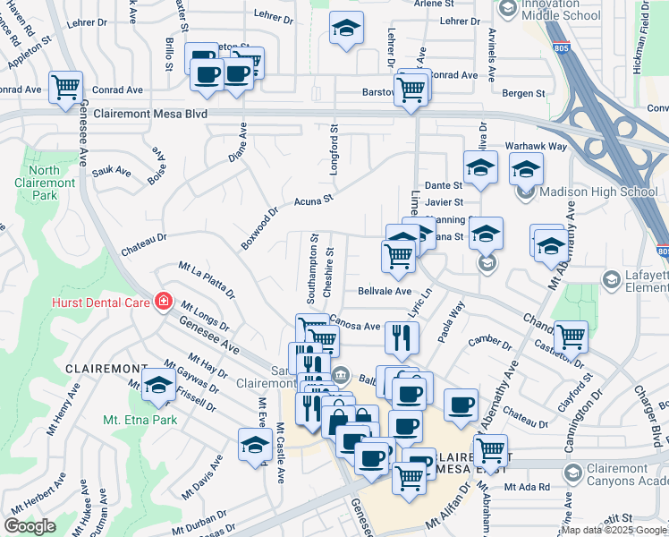 map of restaurants, bars, coffee shops, grocery stores, and more near 4621 Cheshire Street in San Diego
