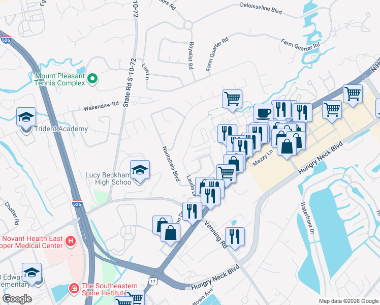 map of restaurants, bars, coffee shops, grocery stores, and more near 1652 Lauda Drive in Mount Pleasant