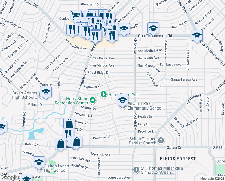 map of restaurants, bars, coffee shops, grocery stores, and more near 2505 Andrea Lane in Dallas