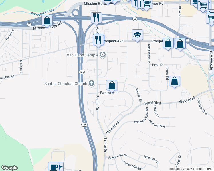 map of restaurants, bars, coffee shops, grocery stores, and more near 9122 Farrington Drive in Santee