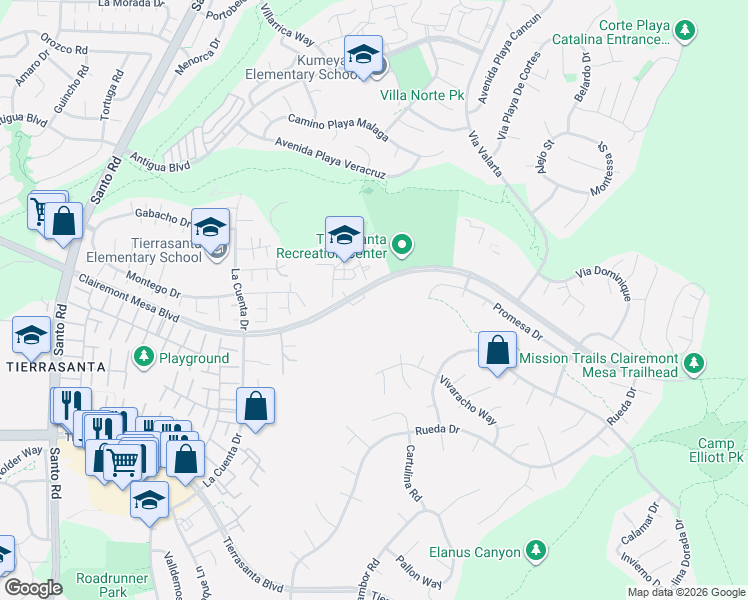 map of restaurants, bars, coffee shops, grocery stores, and more near 11069 Clairemont Mesa Boulevard in San Diego