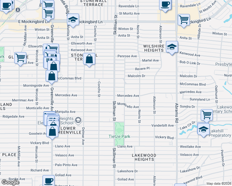 map of restaurants, bars, coffee shops, grocery stores, and more near 6038 Mercedes Avenue in Dallas