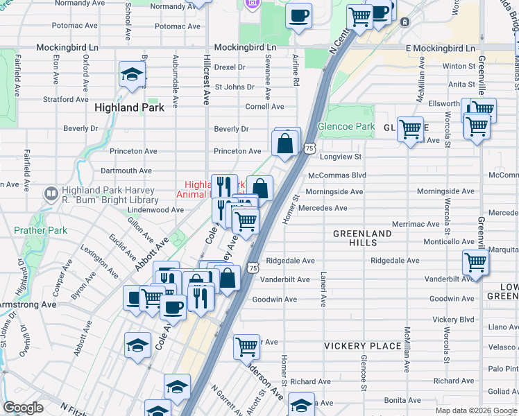 map of restaurants, bars, coffee shops, grocery stores, and more near 4920a McKinney Avenue in Dallas