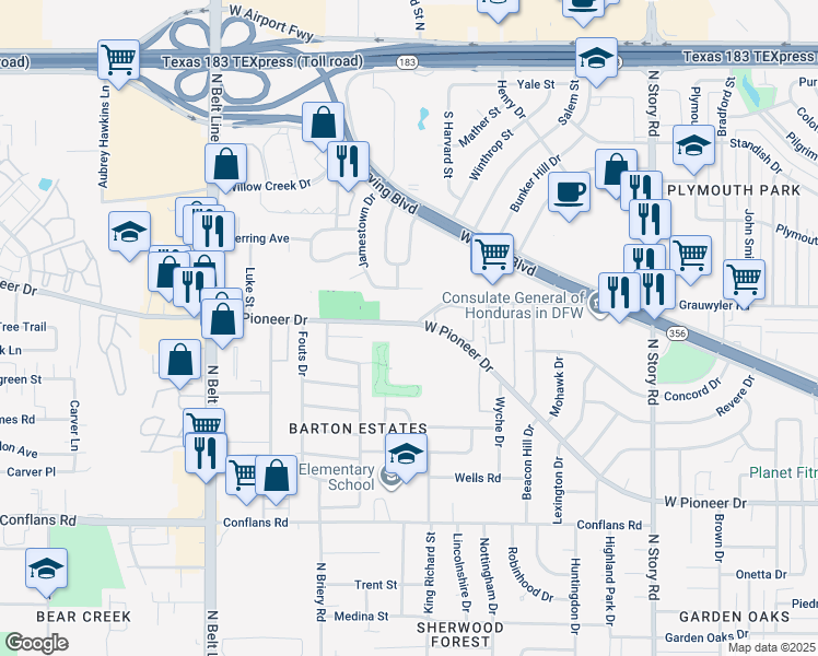 map of restaurants, bars, coffee shops, grocery stores, and more near 2934 West Pioneer Drive in Irving