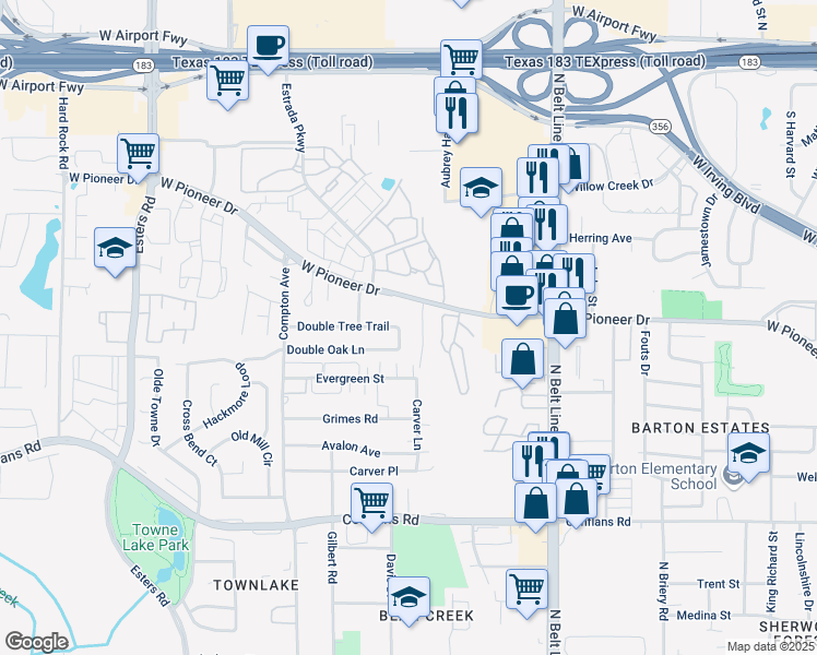 map of restaurants, bars, coffee shops, grocery stores, and more near 1309 Carver Lane in Irving