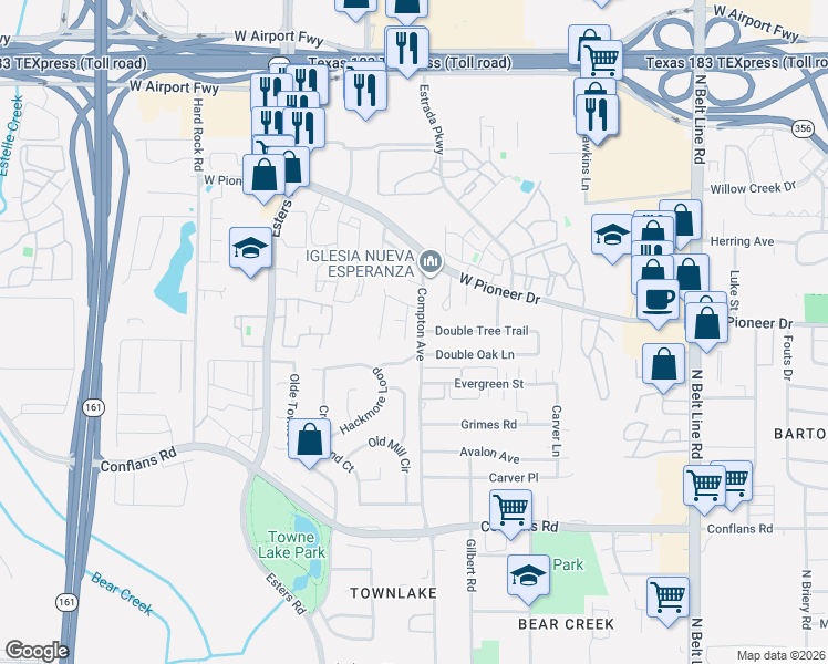 map of restaurants, bars, coffee shops, grocery stores, and more near 4105 Double Oak Lane in Irving