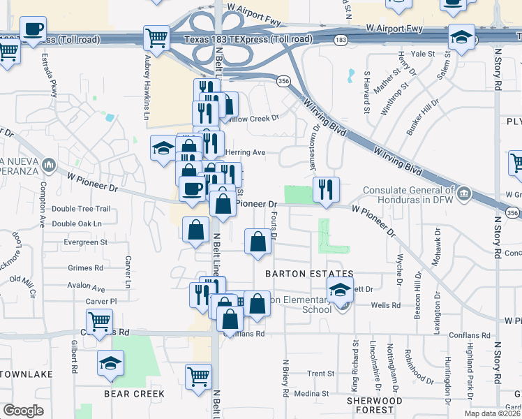 map of restaurants, bars, coffee shops, grocery stores, and more near 3200 West Pioneer Drive in Irving