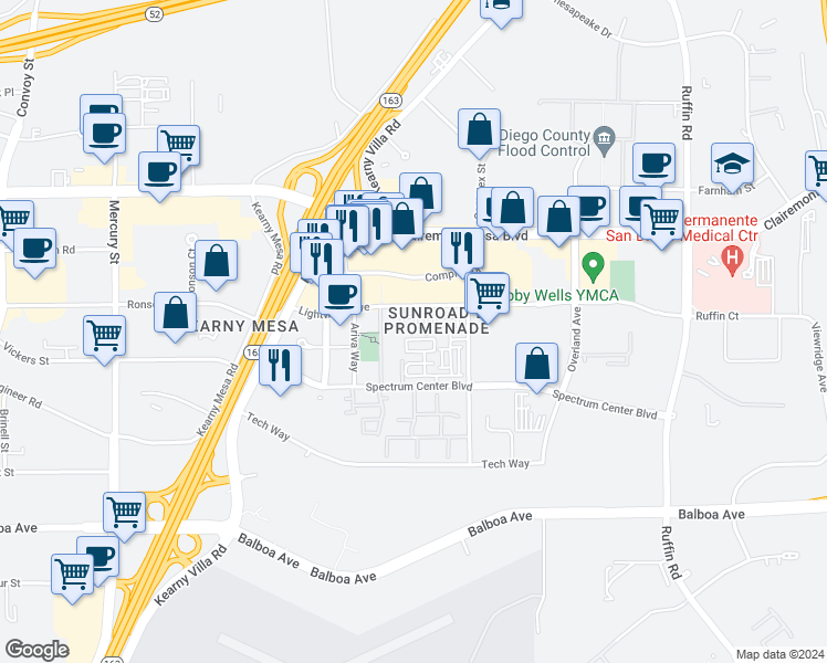 map of restaurants, bars, coffee shops, grocery stores, and more near 8811 Promenade North Place in San Diego