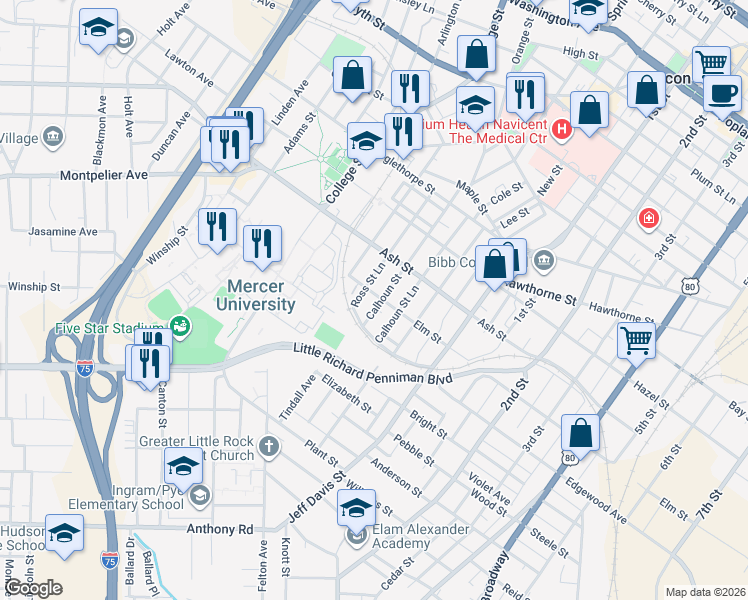 map of restaurants, bars, coffee shops, grocery stores, and more near 1464 Calhoun Street in Macon
