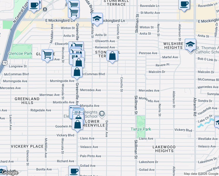 map of restaurants, bars, coffee shops, grocery stores, and more near 5918 Mercedes Avenue in Dallas