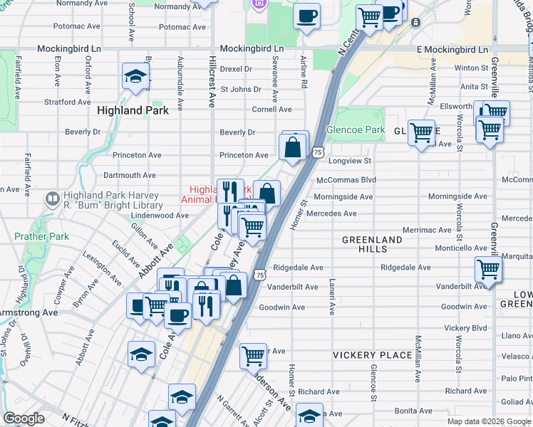 map of restaurants, bars, coffee shops, grocery stores, and more near 4920a McKinney Avenue in Dallas