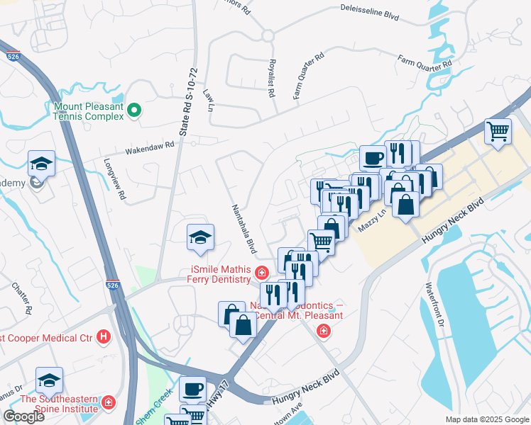 map of restaurants, bars, coffee shops, grocery stores, and more near 1638 Lauda Drive in Mount Pleasant