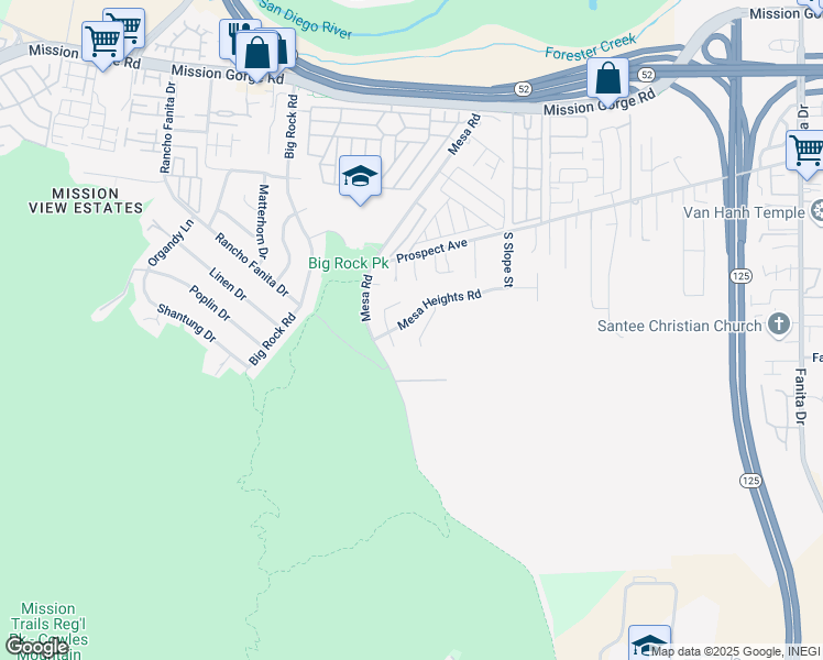 map of restaurants, bars, coffee shops, grocery stores, and more near 8440 Mesa View Road in Santee