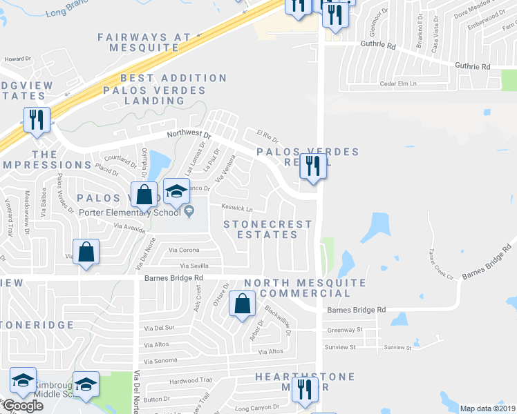 map of restaurants, bars, coffee shops, grocery stores, and more near 233 Keswick Lane in Mesquite